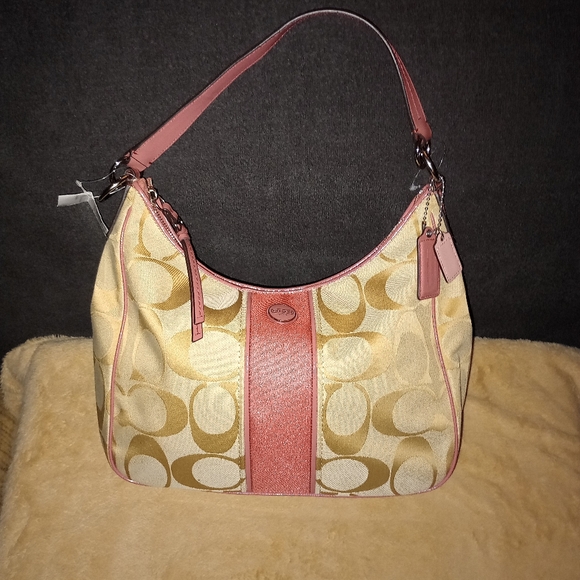 NWT COACH Signature  Hobo - Light Khaki/Coral - Picture 1 of 15